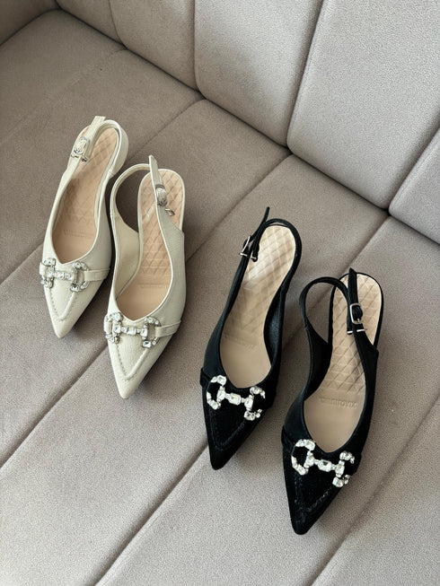Crystal Decor Pointed Back Sling Kitten Heels